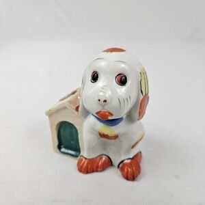 Vintage Pin Cushion 30's Porcelain Dog w/ House Art Deco Toothpick Holder Japan